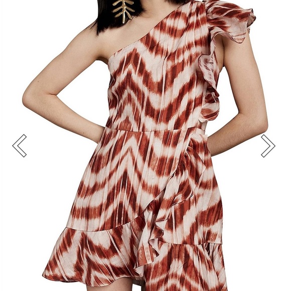 Banana Republic 100% Linen One Shoulder Zebra Brown Cream Mini Dress Size 2P - Picture 1 of 12